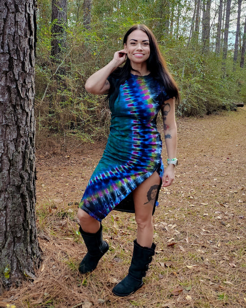 Medium Electric Forest  Boat Crew Neck Cotton Dress with Slit